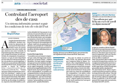 Not�cia publicada al diari ARA sobre el Webtrak de l'aeroport de Barcelona que inclou declaracions de la Presidenta de l'AVV de Gav� Mar (6 de Febrer de 2011)